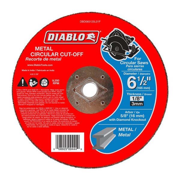 Diablo Abrasive Cut-Off Wheel, 6-1/2 in Dia, 1/8 in Thick, Aluminum Oxide DBD065125L01F - main