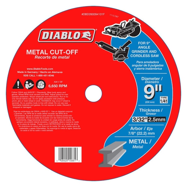 Diablo Abrasive Cut-Off Wheel, 9" Dia, 3/32" Thick, Aluminum Oxide DBD090094101F - main