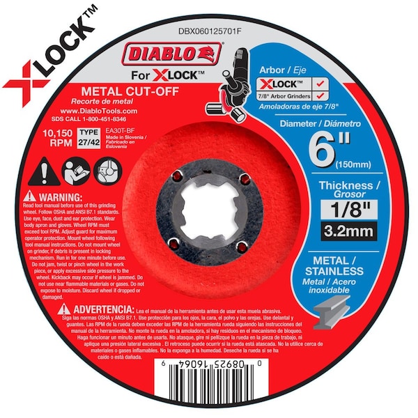 Diablo Type 27/42 Metal Cut-Off Disc for X-Lock, 6 in Dia, 1/8 in Thick, Aluminum Oxide DBX060125701F - main