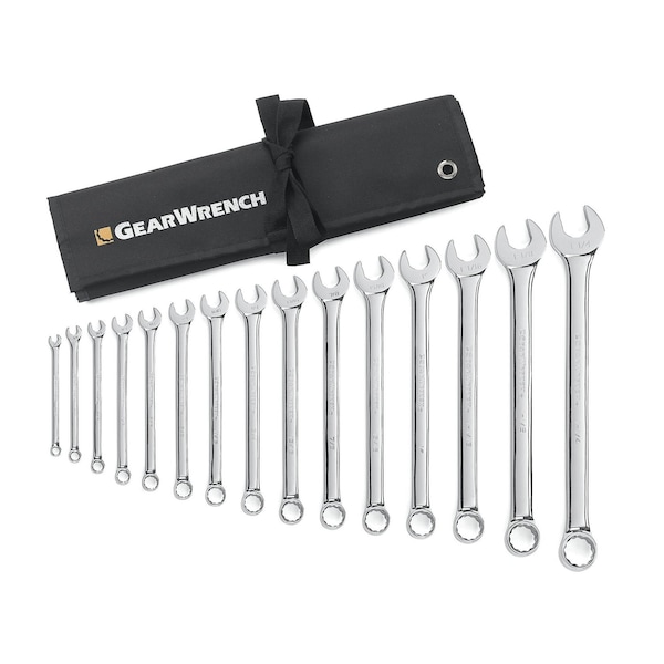 Gearwrench 15 Piece 12 Point Long Pattern Combination SAE Wrench Set with Tool Roll 81918 - main