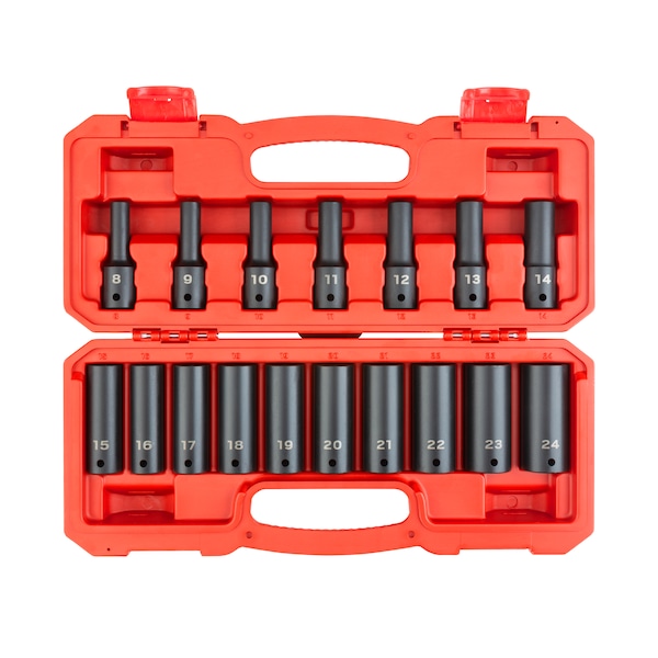 Tekton 1/2 Inch Drive Deep 6-Point Impact Socket Set, 17-Piece (8-24 mm) SID92329 - main