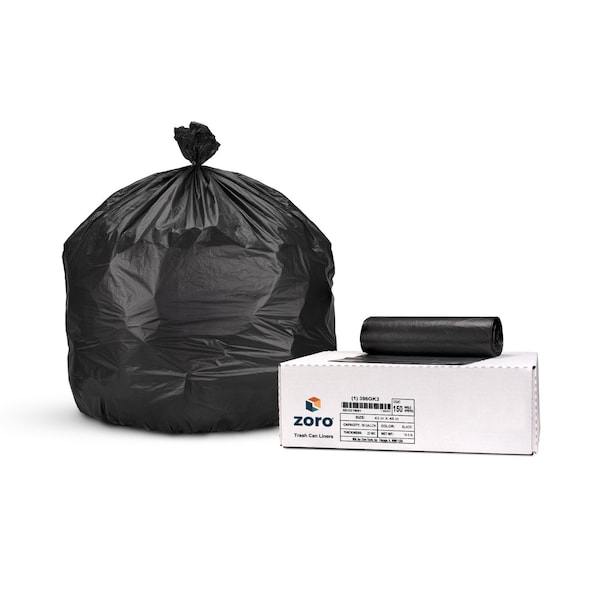 Zoro Trash Bags: 56 gal Capacity, 43 in x 48 in, 22 micron Thick, Black, 150 PK 396GK3 - main