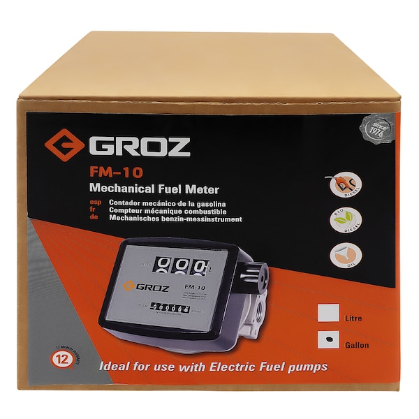 Groz Diesel Meter, Mechanical, Gallons, 1" NPT, Aluminum, 1" NPT Inlet 45641