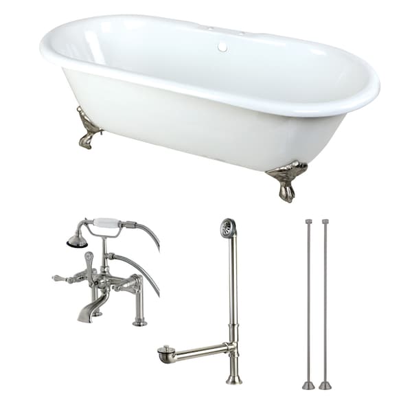 Kingston Brass KCT7D663013C8 66" Cast Iron Clawfoot Tub, 66" L, 30" W, White/Brushed Nickel, Cast Iron/Brass KCT7D663013C8 - main