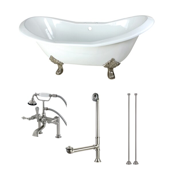 Kingston Brass KCT7D7231C8 72" Cast Iron Clawfoot Tub w, 72.0625" L, 30.875" W, White/Brushed Nickel, Center KCT7D7231C8 - main
