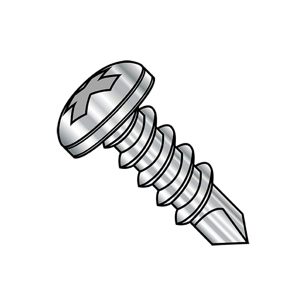 Zoro Select Self-Drilling Screw, #12-14 x 2 in, Plain 18-8 Stainless Steel Pan Head Phillips Drive, 1000 PK 1232KPP188