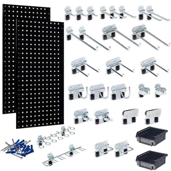 Triton Products (2) 18 In. W x 36 In. H Black Steel Square Hole Pegboards 30 pc. LocHook Assortment & Hanging Bin System LB18-BKKit - main
