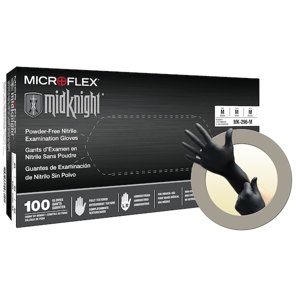 Ansell MidKnight MK296, Disposable Gloves, 4.7 mil Palm, Nitrile, PowderFree, M, 100 PK, Black