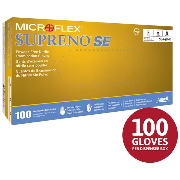 Ansell Supreno SE SU-690, Disposable Gloves, 4.3 mil Palm, Nitrile, Powder-Free, M, 100 PK, Violet Blue SU-690 - main