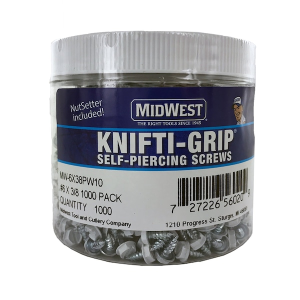 Midwest Self-Drilling Screw, #6 x 3/8 in, Zinc Plated Steel Flange Hex Head External Hex Drive MW-6X38PW10 - main