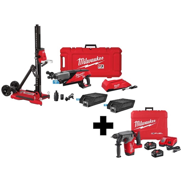 Milwaukee Tool M18 FUEL 1" SDS Plus Rotary Hammer Kit + MX FUEL Handheld Core Drill Kit w/ Stand MXF301-2CXS, 2912-22 - main