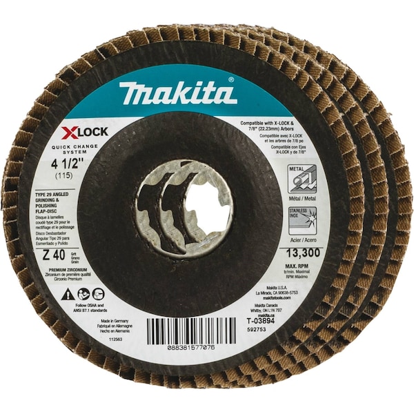 Makita X-LOCK 4 1/2" Type 29 Flap Disc, 40 Grit T-03894-3 - main