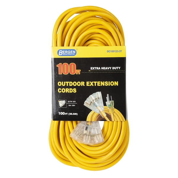 Bergen Industries SJTW Extension Cord, 12 AWG, Outdoor, 12/3, 3 Outlets, Yellow, Vinyl, 100 ft OC1001233T - main