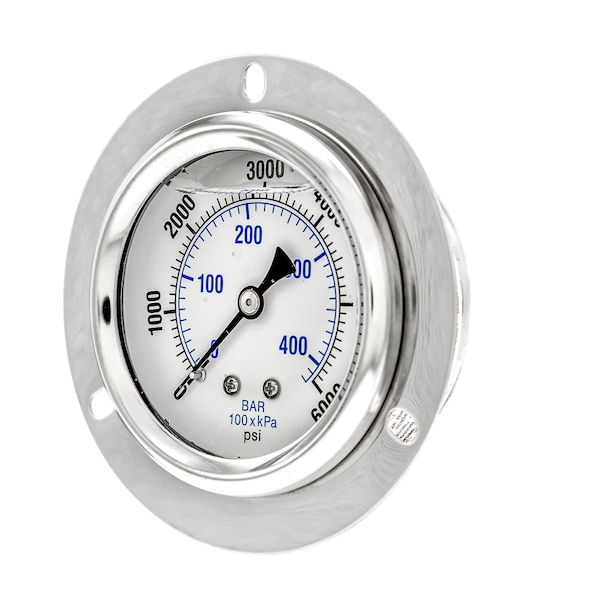 Pic Gauges Gauge, 2.5", 0/6000psi, 1/4"CBM, Frt Flange, 2 1/2 in Dial, 1/4 in NPT Male Center Back Location PRO-204L-254S - main