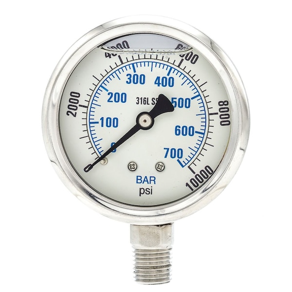 Pic Gauges Industrial Pressure Gauge, 0 to 10,000 psi, 2 1/2 in Dial, 1/4 in NPT, Bottom Location PRO-301L-254U-01 - main