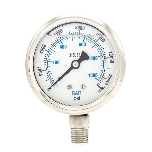Pic Gauges Industrial Pressure Gauge, 0 to 15,000 psi, 2 1/2 in Dial, 1/4 in NPT, Bottom Location PRO-301L-254V-01 - main