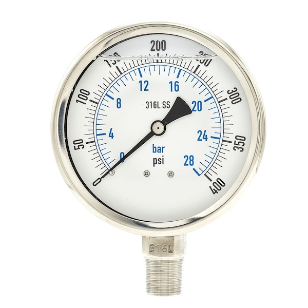 Pic Gauges Industrial Pressure Gauge, 0 to 400 psi, 4 in Dial, 1/2 in NPT, Bottom Location PRO-301L-402I-01 - main