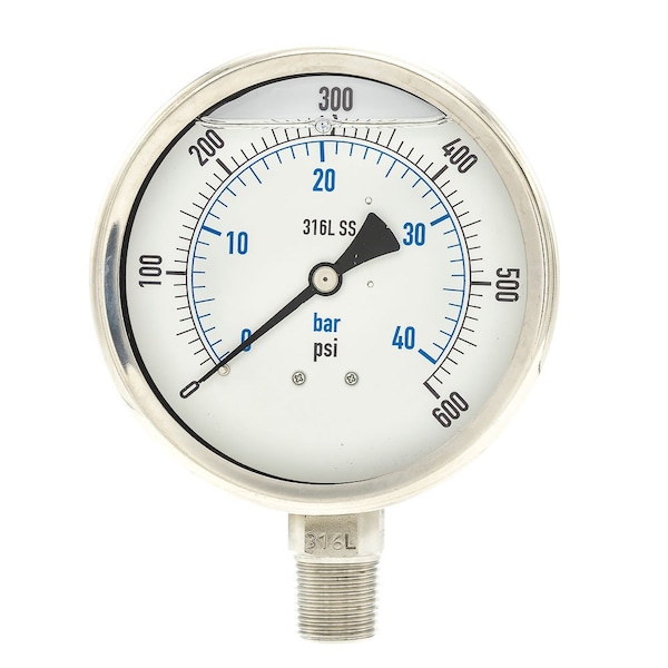 Pic Gauges Industrial Pressure Gauge, 0 to 600 psi, 4 in Dial, 1/2 in NPT, Bottom Location PRO-301L-402K-01 - main