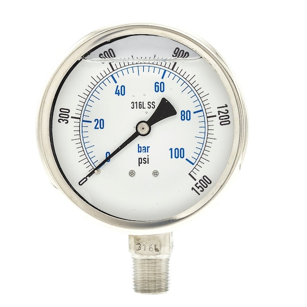 Pic Gauges Industrial Pressure Gauge, 0 to 1,500 psi, 4 in Dial, 1/2 in NPT, Bottom Location PRO-301L-402N-01 - main