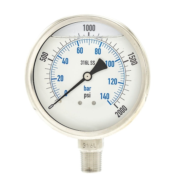 Pic Gauges Industrial Pressure Gauge, 0 to 2,000 psi, 4 in Dial, 1/2 in NPT, Bottom Location PRO-301L-402O-01 - main