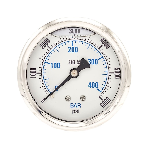 Pic Gauges Industrial Pressure Gauge, 0 to 6,000 psi, 2 1/2 in Dial, 1/4 in NPT, Center Back Location PRO-302L-254S-01 - main