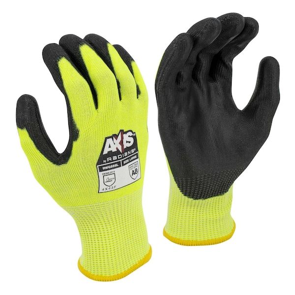 Radians HiVis Cut Resistant Coated Gloves, A7 Cut Level, Polyurethane
