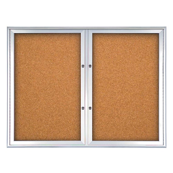 United Visual Products Double Door Radius Plus Corkboard, 42"X UV8002PLUS5-SATIN-CORK - main