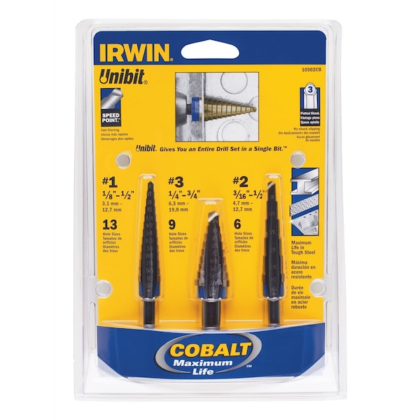 Irwin Cobalt Unibit Step Drill Set, 3 Piece VGP10502CB Zoro