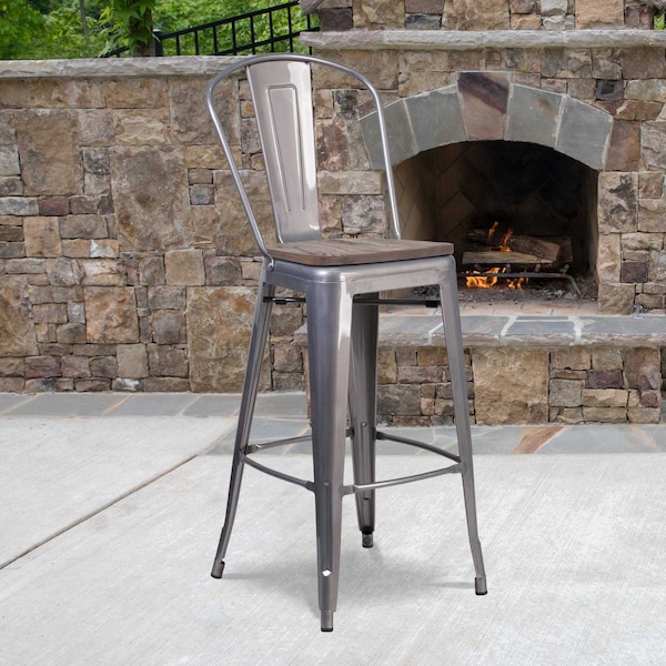Flash Furniture Lincoln 30" High Silver Antique Finish with Clear Coat Barstool with Back and Wood Seat XU-DG-TP001B-30-WD-GG - main