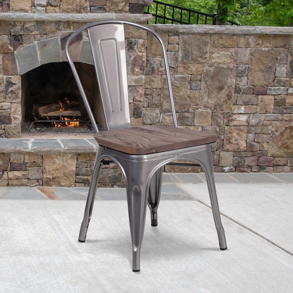 Flash Furniture Lincoln Silver Antique Finish with Clear Coat Metal Stackable Chair with Wood Seat XU-DG-TP001-WD-GG - main