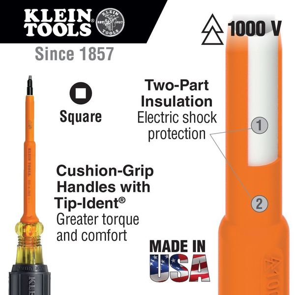 Klein Tools Insulate Screwdriver, Square, 7" Shank, #1 #1 Round 661-7-INS