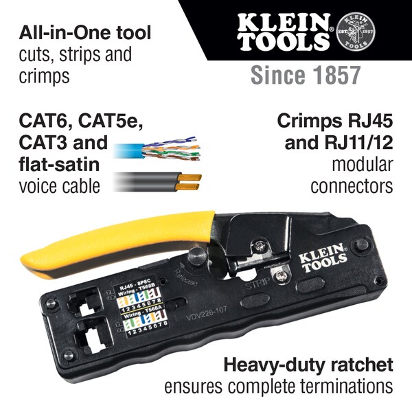 Klein Tools VDV226107 31.33 5 1/4 in Ratchet Crimper CAT3, CAT5e, CAT6