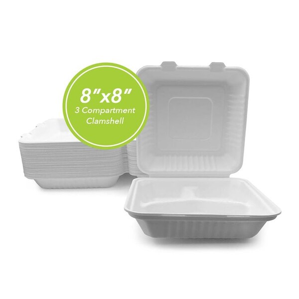 Group B Clamshell Three Leaf 8'' X 8'' 3 Compartment Bagasse Disposable Clamshell, 200PK ...