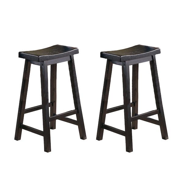 Wood Saddle Seat 29 in Bar Stool, Distressed Black