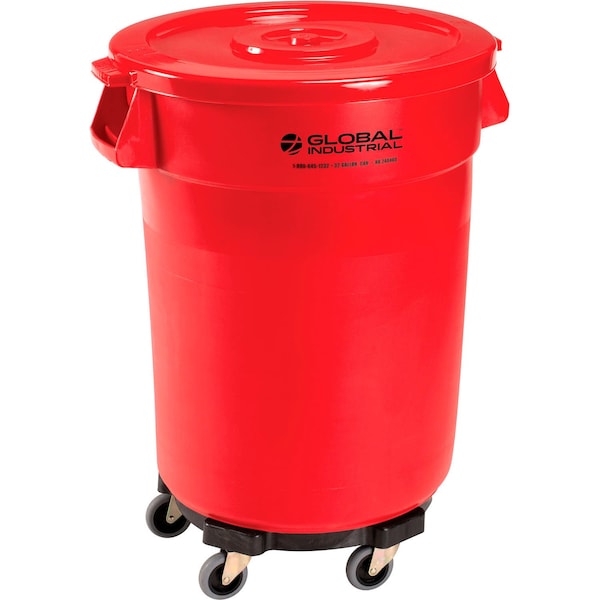Global Industrial Plastic Trash Can with Lid & Dolly, 32 Gallon Red ...