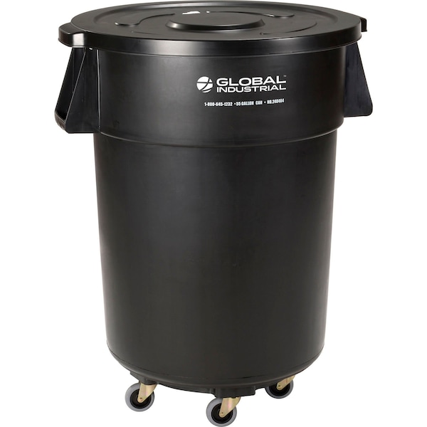 Global Industrial Plastic Trash Can with Lid & Dolly, 55 Gallon Black ...