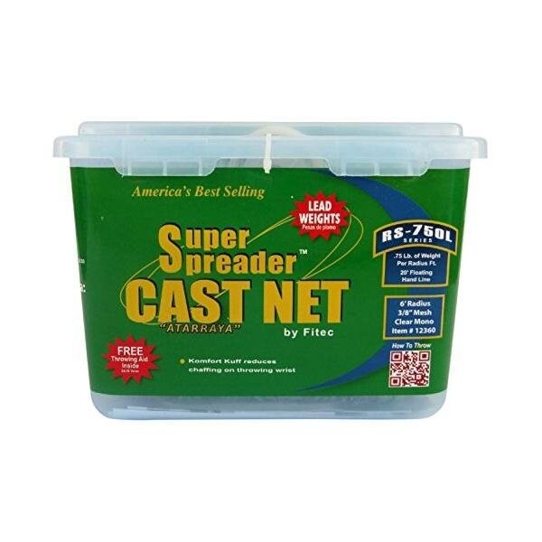 Fitec Rs750L Super Spreader Cast Net 7'X38 Mesh, Clear Mono 75 Lb Lead ...