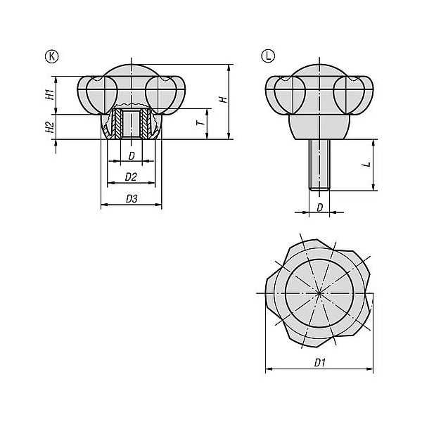 DAVIES Hand Knob: 4 Point, Steel/Thermoset, External Thread, 5/16-18
