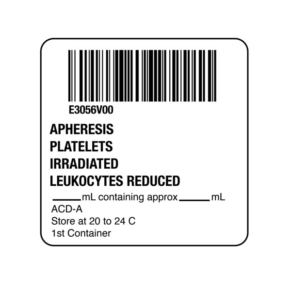 Nevs ISBT 128 Apheresis Platelets Irradiated Leukocyte 2" x 2" BBC-3056 ...