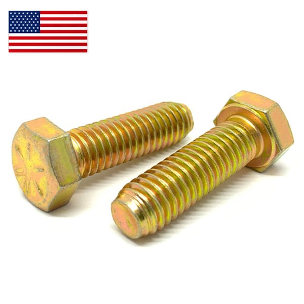 7/16-20 Grade 8 Fine Thread Hex Cap Screws – Zinc Yellow Finish, USA Made (Choose Length & Quantity)