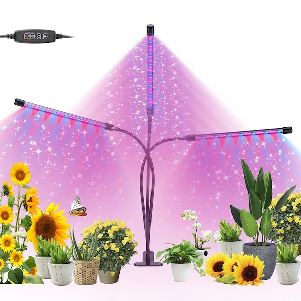 Homevenus 3-Heads Full Spectrum Clamp LED Grow Lights for Indoor Plants in Red and Blue Color Changing Light