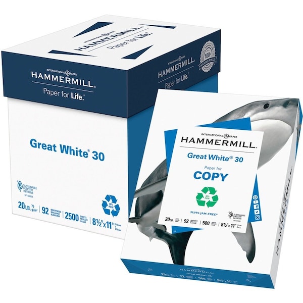 Hammermill Hammermill Printer Paper, 20lb Great White 30, 92 Bright, 8.5x11,  5 Ream, 2500 Sheets HAM86710
