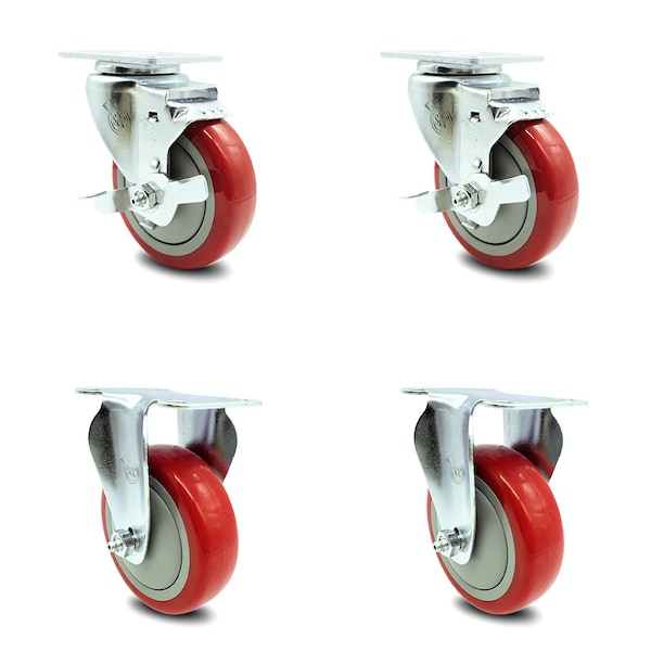 Service Caster 4 Inch Red Polyurethane Wheel Swivel Top Plate Caster ...