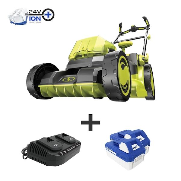 Sun Joe 48V, 16-In Cordless Lawn Mower, 2 x 24V 4.0Ah Batteries and Dual  Charger 24V-X2-16LM