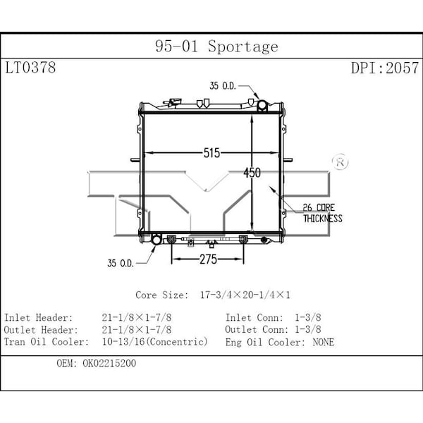 Tyc Radiator 1995-2001 Kia Sportage 2.0L, 2057 2057 - main