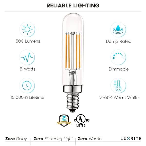 Luxrite 5 Watt (60 Watt Equivalent), CA11 LED, Dimmable Light Bulb, Warm White (2700K) E12/Candelabra Base