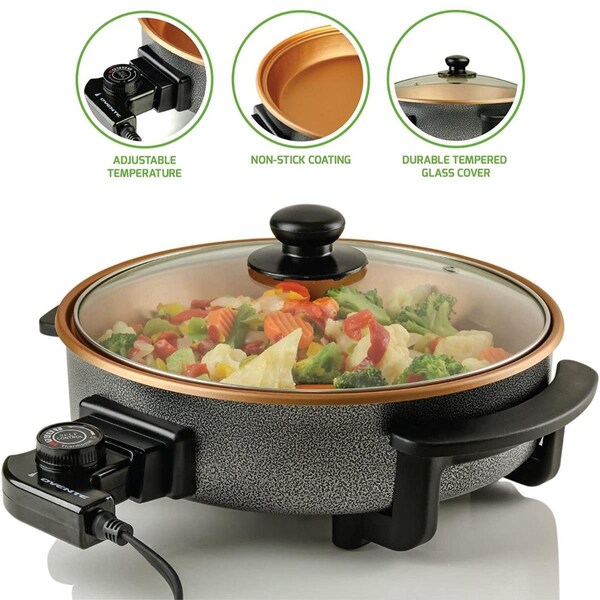 Ovente Ovente SK11112CO 12 in. Electric Skillet with Nonstick Aluminum  Coating Grill Pan & Glass Lid Cover; Copper SK11112CO