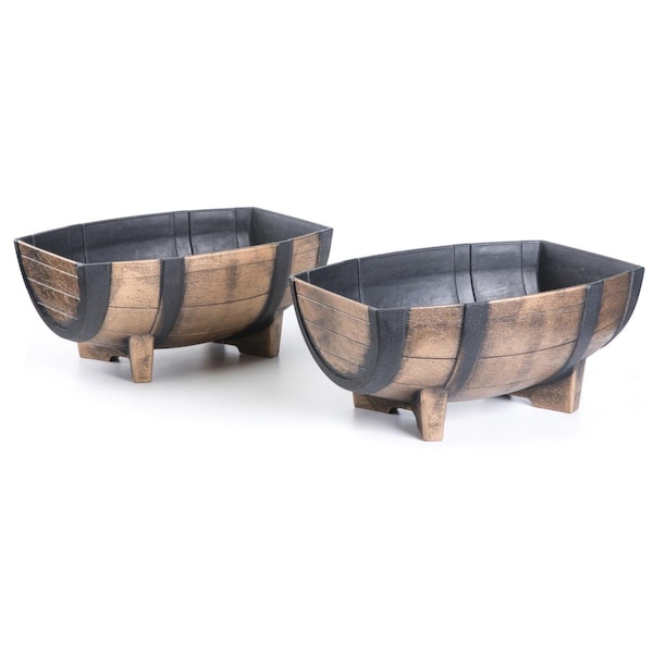 Invernaculo 7.25 x 11.75 x 16.25 in. Rustic Wood Look Plastic Half Barrel  Flower Pot Planter Brown, 2PK IN3164226 | Zoro