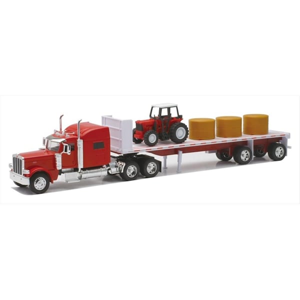 New Ray Peterbilt 389 Flatbed with Hay and Farm Tractor Long