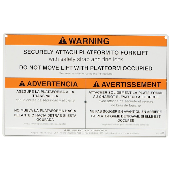 Use Proper Working Platform Sign Vestil WORK PLATFORM WARNING SIGN W/ HARDWARE WP-WS | Zoro